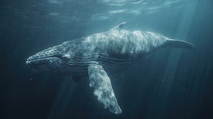 Fototapeta premium Humpback whale swims in deep, dark ocean.