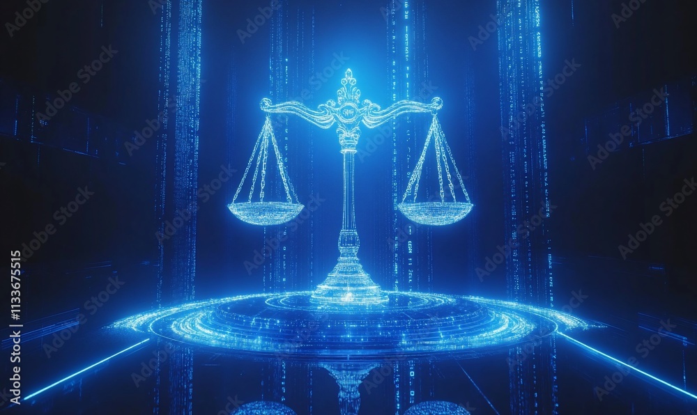 Poster digital representation of balanced scales symbolizing justice and law.