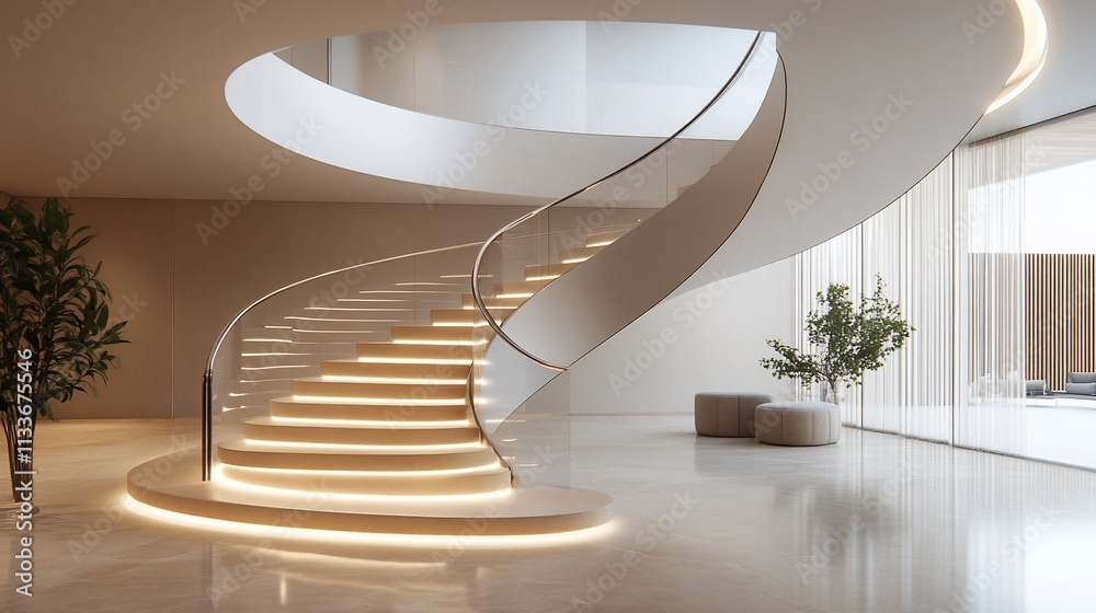 Poster elegant spiral staircase with modern design and ambient lighting.