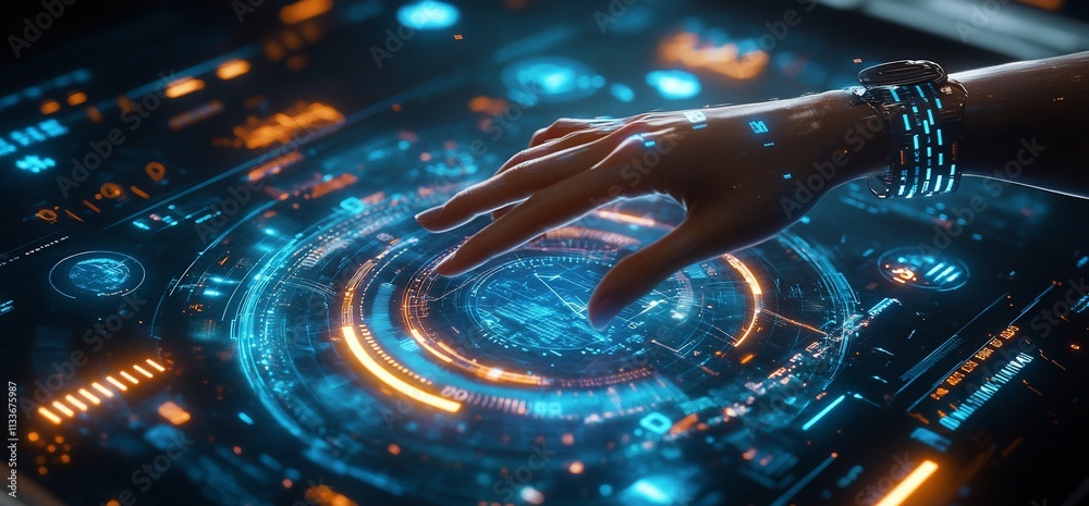 Poster Futuristic interface with a hand interacting with digital holographic elements.