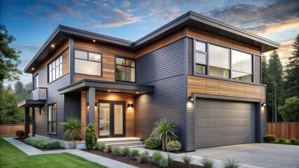 Fototapeta premium Modern two-story house with gray siding, wood accents