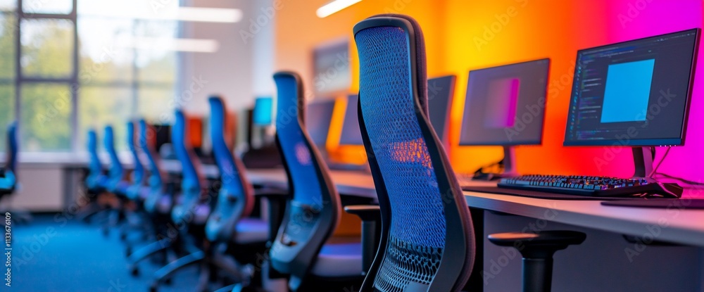 Poster modern workspace with computer desks and ergonomic chairs in a vibrant setting.