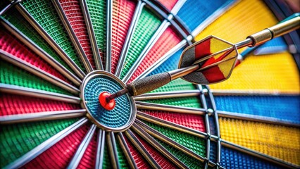 Close-up of two darts hitting the center of a vibrant dartboard with concentric rings and colors, dartboard, bullseye, closeup
