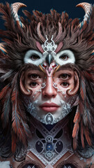 Naklejka premium Surreal Owl Woman with Intricate Feathered Headpiece and Multi-Eyed Mysticism