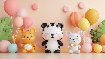 Whimsical sunset sky, a parade of smiling animal characters holding balloons, joyful scenery in vivid colors for kids