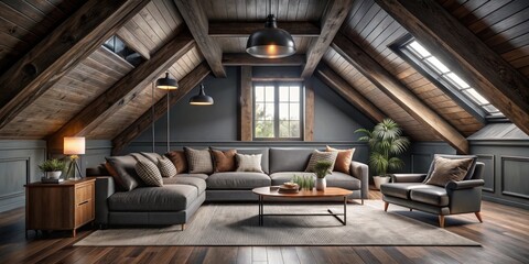 Moody shot of a gray attic living room with a dark wood ceiling and plush furniture