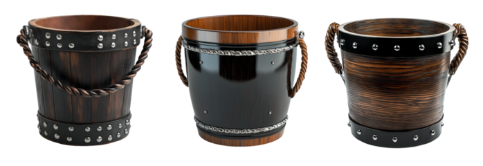 Wooden Buckets on Transparent Background