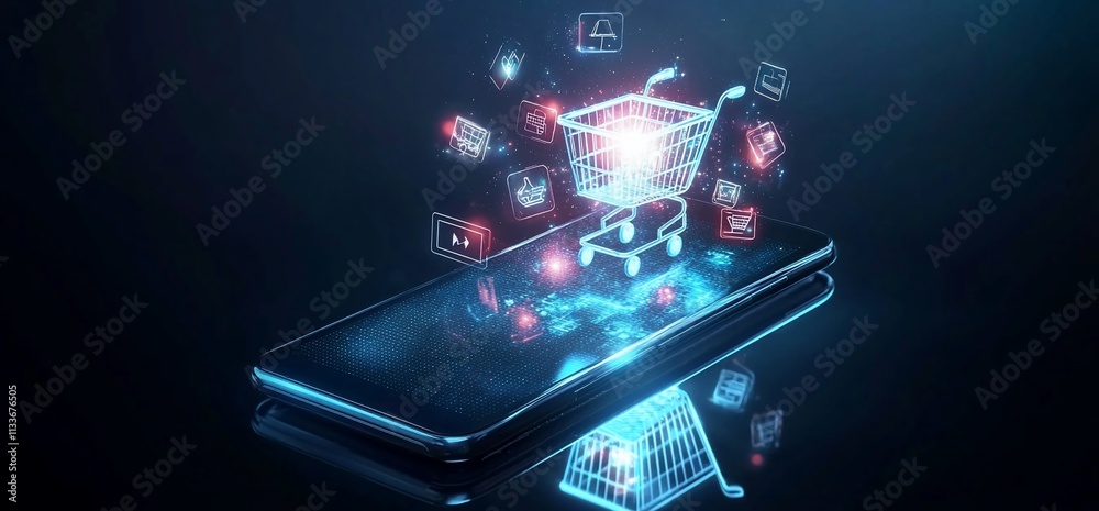 Poster smartphone with a digital shopping cart and icons representing online commerce.