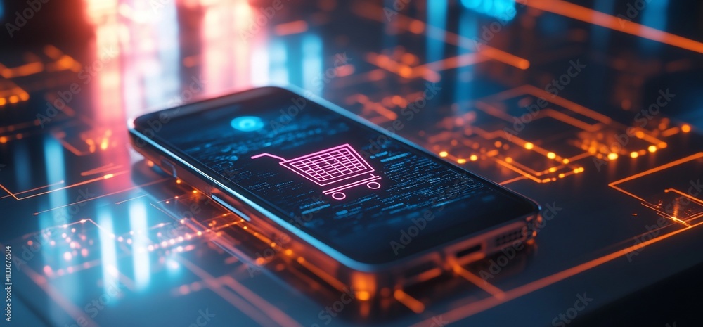 Poster Smartphone displaying a shopping cart icon on a digital background.