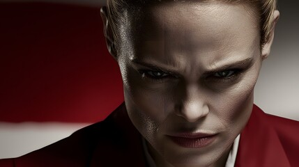 Obraz premium of a woman's determined expression, integrated with an image of the national flag, emphasizing patriotism and commitment. | [Women’s]:[politics] 