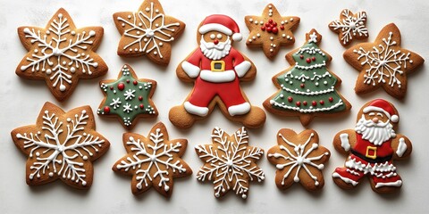 Fototapeta premium Christmas gingerbread cookies decorated with frosting. Snowflakes stars, Santa Claus shaped cookies seen. Festive Christmas theme. Holiday treats. Homemade cookies. Baking concept. Sweet treats.