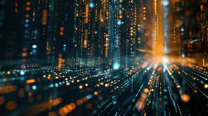 Flowing big data streams create a vibrant, futuristic cyberspace landscape, illuminated by bright orange and teal lights, showcasing the dynamic movement of digital information and technology