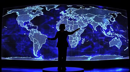 Fototapeta premium woman standing in front of a large world map, pointing to political hotspots, symbolizing global leadership and international political engagement. [Women’s]:[politics] 