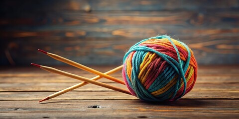 A ball of yarn with needles scattered around it on a table, needlework supplies