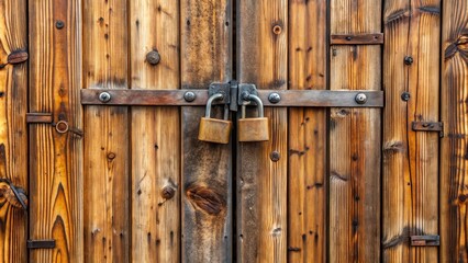 Doors with bar locked using a padlock on a wooden gate, bars, locks, gates, doors, security, padlocks, wood, metal, outdoor