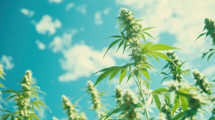 Obraz premium In a vibrant field, branches of seed-bearing plants sway gently under a clear blue sky, basking in the sunlight during midday. Generative AI