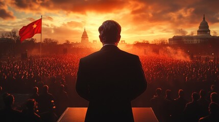 Silhouetted speaker addresses massive crowd at sunset.