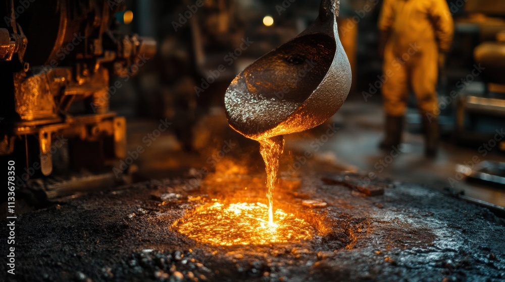 Poster Molten metal cascades from a ladle into molds, creating a vibrant display of flames and sparks in an industrial workshop environment. Generative AI