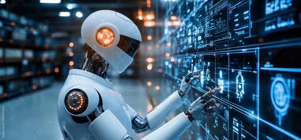 Aufkleber A futuristic robot interacts with a digital interface in a tech environment.