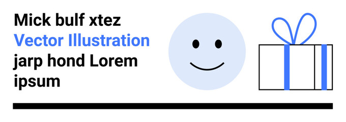 happy face beside a gift box with blue ribbon and sample text. Ideal for presentations, marketing, greetings, newsletters, posters, advertisements, websites social media. Landing page