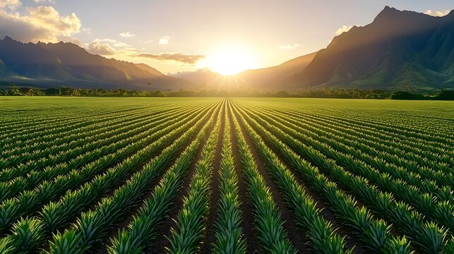 Pineapple fields glowing in golden hour light, framed by towering mountains and a vibrant evening sky, creating a peaceful, natural landscape
