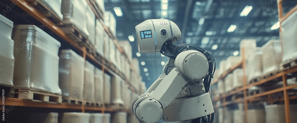 Poster a humanoid robot in a warehouse setting, showcasing automation in industry.