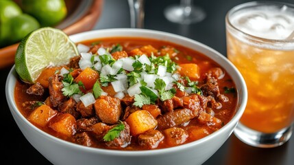 A bowl of traditional menudo soup with tender beef, garnished with chopped onions, cilantro, and fresh lime, highlighting a beloved Mexican dish.