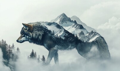 A majestic wolf blends with a mountain landscape in a misty atmosphere.