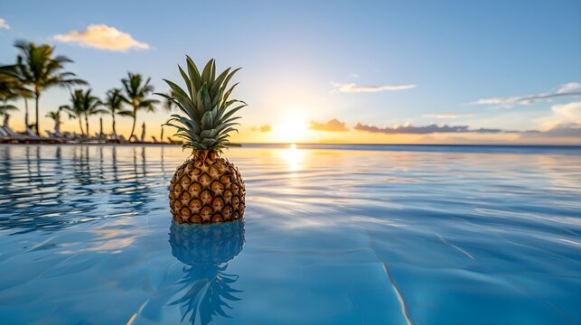 Pineapple floating on crystal-clear tropical water, surrounded by soft ripples, vibrant neon colors, 3D render, warm sunset lighting, surreal vibe, reflecting tropical paradise