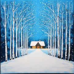 A serene winter scene featuring a cozy black house surrounded by snow-covered trees, illuminated by warm light, and gently falling snowflakes creating a peaceful atmosphere.
