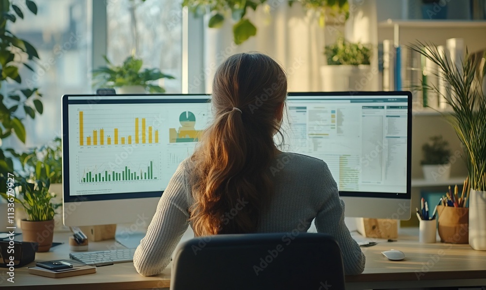Poster a person analyzing data on a computer surrounded by plants in an office.