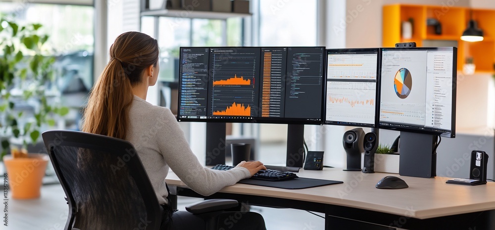 Aufkleber A person analyzing data on multiple computer screens in a modern office.