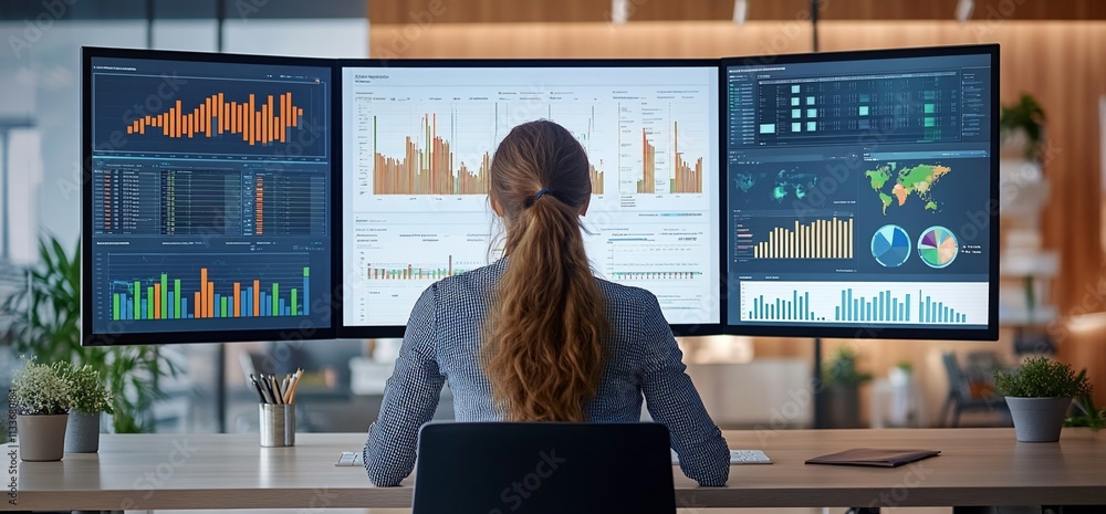 Poster A person analyzing data on multiple computer screens in a modern workspace.