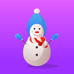 Cartoon snowman wearing a hat and scarf with flat design style, vector illustration.