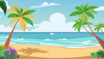 Beach with palm trees and blue sea. Vector illustration in flat style