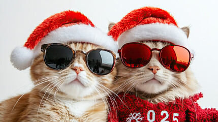 merry christmas, christmas concept, holiday, winter, funny animal pet greeting card with 4 cute cats in sunglasses and christmas hats playing hilariously, c4d style, realistic rendering, big red numbe