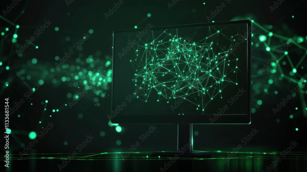 Poster A glowing green network grid appears on a monitor, symbolizing connectivity and digital support in a modern technological setting. Generative AI