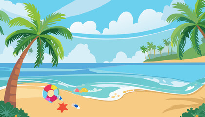 Beach with palm trees and toys. Seascape with sand and sea. Vector illustration.