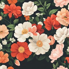 A vibrant floral pattern with various blossoms in red, white, and pink hues against a dark background.