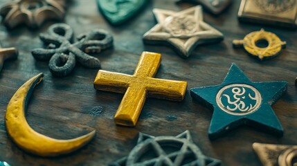 A close-up of various religious symbols such as a cross, Star of David, crescent moon, and Om sign arranged together on a table 