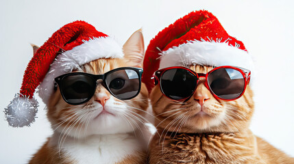 merry christmas, christmas concept, holiday, winter, funny animal pet greeting card with 4 cute cats in sunglasses and christmas hats playing hilariously, c4d style, realistic rendering, big red numbe