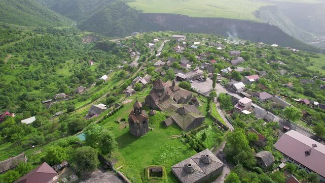 Orbital aerial shot of Haghpat monastery on sunny spring day. Lori Province, Armenia.
