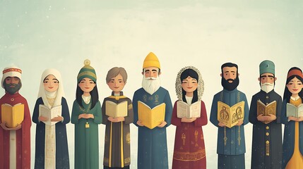 A multi-faith gathering with representatives from different religions standing together, each holding a sacred text or symbol of their faith 