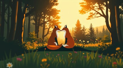 Two affectionate foxes share a tender moment amidst a picturesque forest at sunset, surrounded by blooming flowers, celebrating love and unity