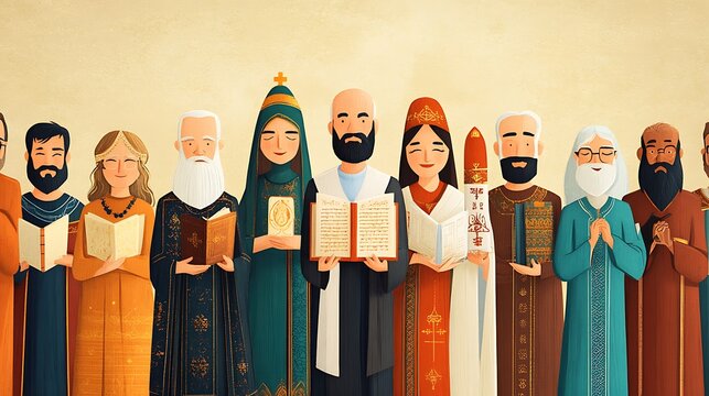 A multi-faith gathering with representatives from different religions standing together, each holding a sacred text or symbol of their faith 