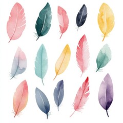 Collection of colorful watercolor feathers in various shapes, perfect for nature-themed designs and artistic projects.