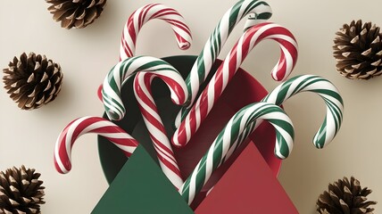 Minimalistic arrangement of candy canes in a basket with pinecones on a beige surface