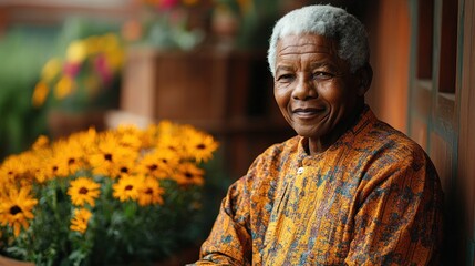 Smiling elderly man, orange shirt, yellow flowers.