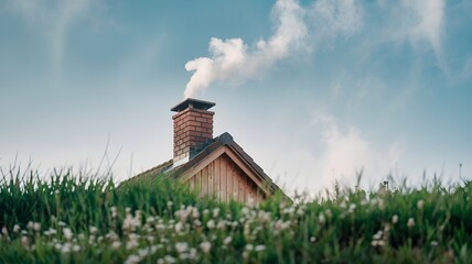 Smoke dissipating from a chimney on a wooden house with a green lawn.