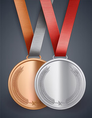 silver and bronze blank medals 3d vector realistic illustration